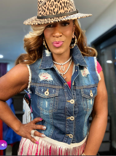 THE LUXE NK GLAM DISTRESS DENIM FRINGED VEST - NK86