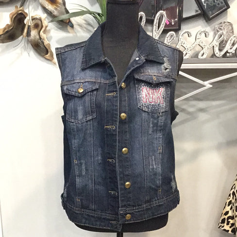 THE LUXE NK GLAM DARK BLUE JEAN SLEEVELESS JACKET-NK75