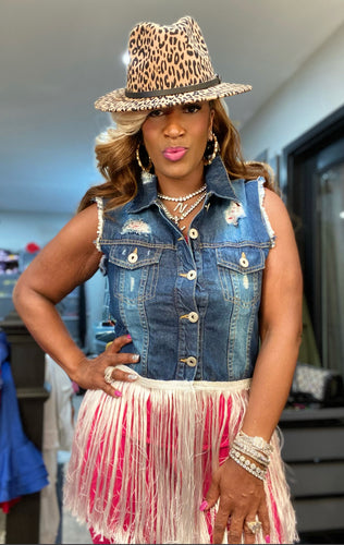 THE LUXE NK GLAM DISTRESS DENIM FRINGED VEST - NK86