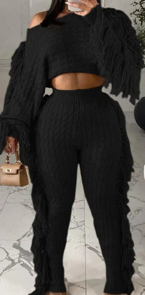 THE LUXE NK GLAM-SOLID CABLE KNIT FRINGE TRIM CROP SWEATER & PANTS-3071