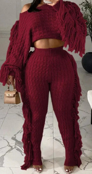 THE LUXE NK GLAM-SOLID CABLE KNIT FRINGE TRIM CROP SWEATER & PANTS-3071