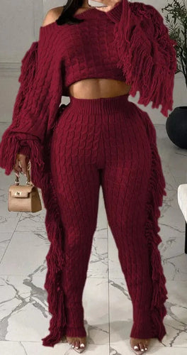 THE LUXE NK GLAM-SOLID CABLE KNIT FRINGE TRIM CROP SWEATER & PANTS-3071