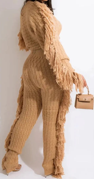 THE LUXE NK GLAM-SOLID CABLE KNIT FRINGE TRIM CROP SWEATER & PANTS-3071