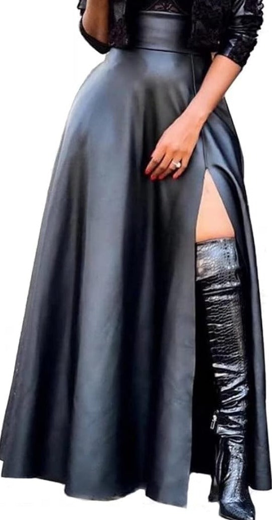 THE LUXE NK GLAM GIRL PU LEATHER HIGH WAISTED LONG BLACK SKIRT-#4479