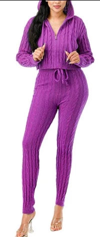 THE LUXE NK FLY GIRL COLORFUL SUPER STRETCH ZIP UP CABLE HOODIE SWEATER SET-3065