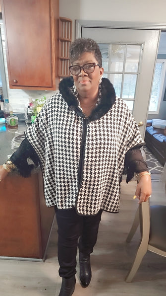 THE LUXE NK GLAM GIRL HOUNDSTOOTH FURRY NECK CAPE PONCHO - 6502