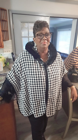 THE LUXE NK GLAM GIRL HOUNDSTOOTH FURRY NECK CAPE PONCHO - 6502