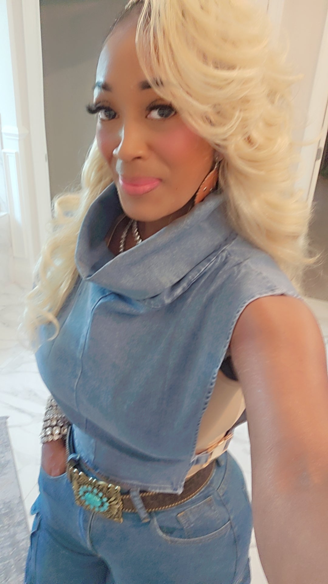 THE LUXE NK GLAM DENIM CROP TOP BUCKLE VEST-DV1