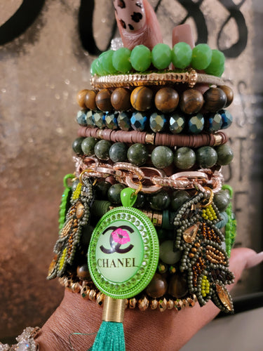 THE LUXE NK GLAM CUSTOM LIME & BRONZE CHANEL STACK BRACELET SET - STACK211