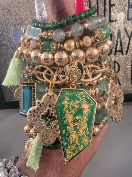 THE LUXE NK GLAM CUSTOM EMERALD GREEN & GOLD STACK BRACELET SET - STACK286