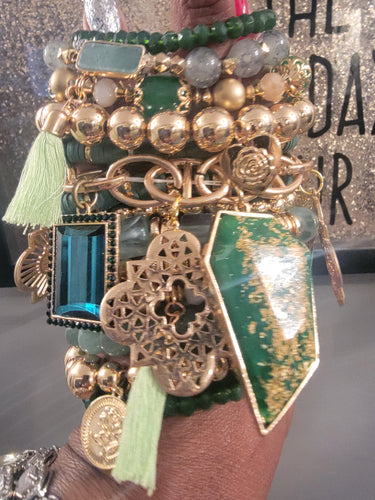 THE LUXE NK GLAM CUSTOM EMERALD GREEN & GOLD STACK BRACELET SET - STACK286
