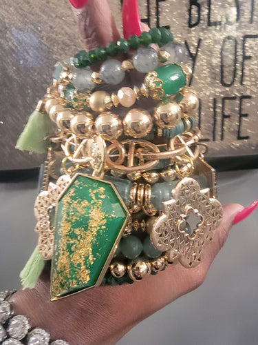 THE LUXE NK GLAM CUSTOM EMERALD GREEN & GOLD STACK BRACELET SET - STACK286