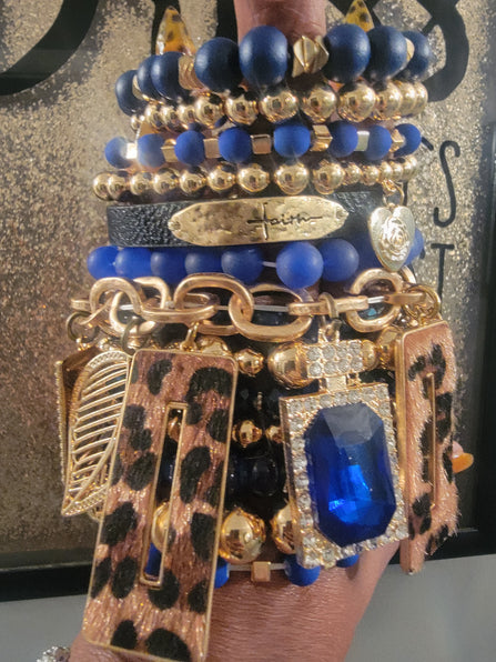 THE LUXE NK GLAM CUSTOM ROYAL BLUE LEOPARD STACK BRACELET SET - STACK158