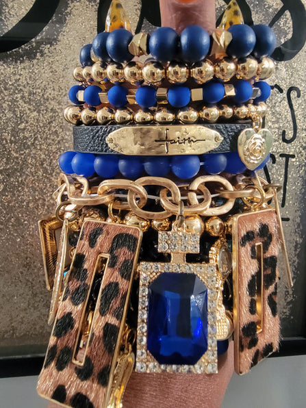 THE LUXE NK GLAM CUSTOM ROYAL BLUE LEOPARD STACK BRACELET SET - STACK158