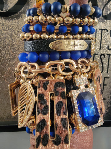THE LUXE NK GLAM CUSTOM ROYAL BLUE LEOPARD STACK BRACELET SET - STACK158