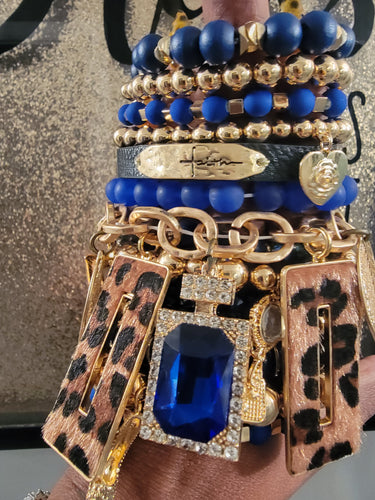 THE LUXE NK GLAM CUSTOM ROYAL BLUE LEOPARD STACK BRACELET SET - STACK158