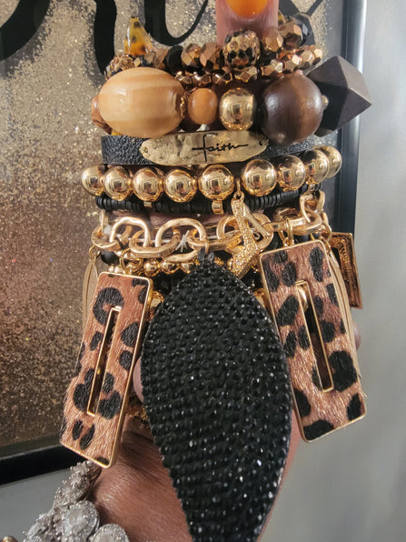 THE LUXE NK GLAM CUSTOM LEOPARD & BLK LEAF BRACELET SET - STACK287