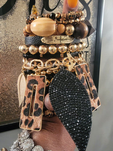 THE LUXE NK GLAM CUSTOM LEOPARD & BLK LEAF BRACELET SET - STACK287