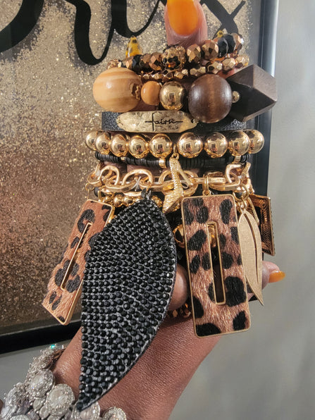THE LUXE NK GLAM CUSTOM LEOPARD & BLK LEAF BRACELET SET - STACK287