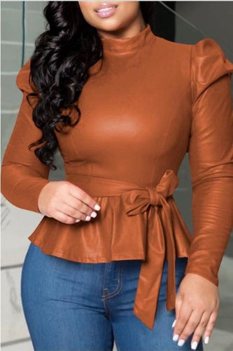 The LUXE Classic Faux Leather Peplum Top- HH132