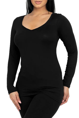 THE LUXE NK GLAM GIRL BASIC COLLECTION - SEAMLESS BASIC LONG SLEEVE V-NECK T- SHIRT - DWT1202