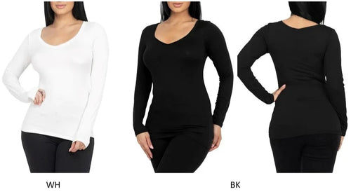 THE LUXE NK GLAM GIRL BASIC COLLECTION - SEAMLESS BASIC LONG SLEEVE V-NECK T- SHIRT - DWT1202