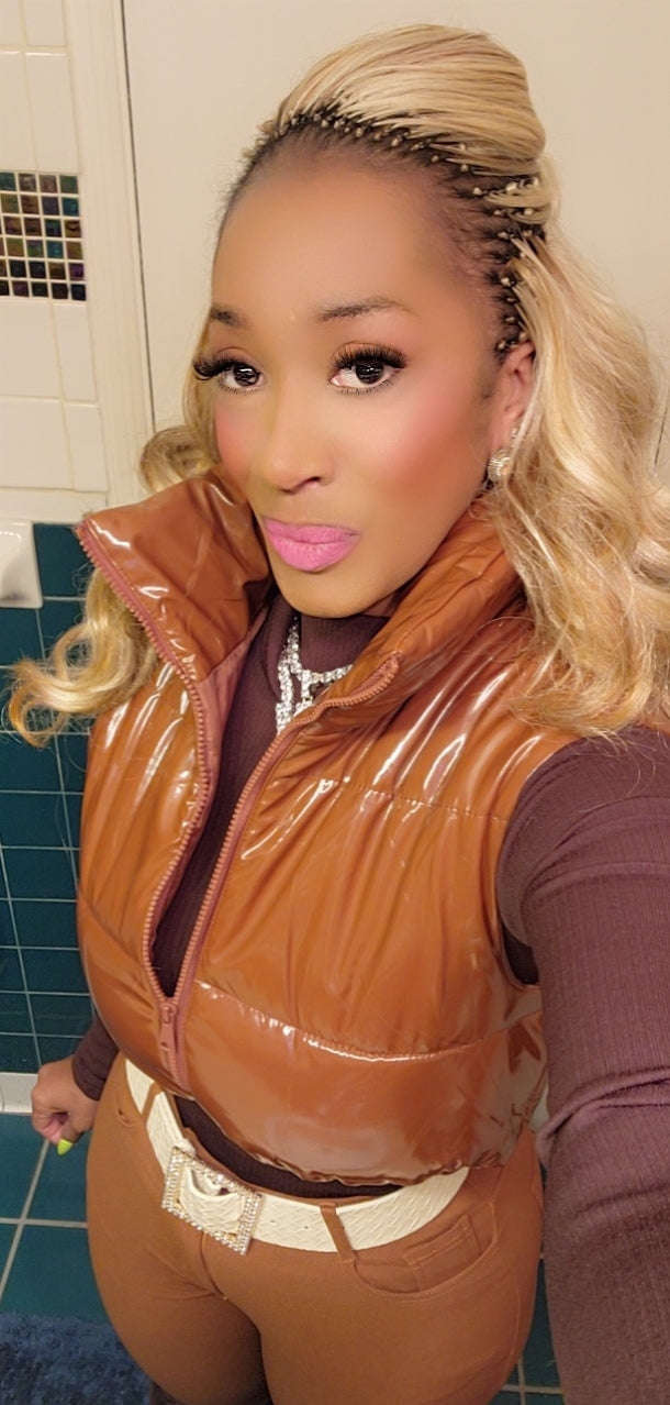 THE LUXE NK GLAM PU LEATHER CROP PUFFER VEST - PUFF100