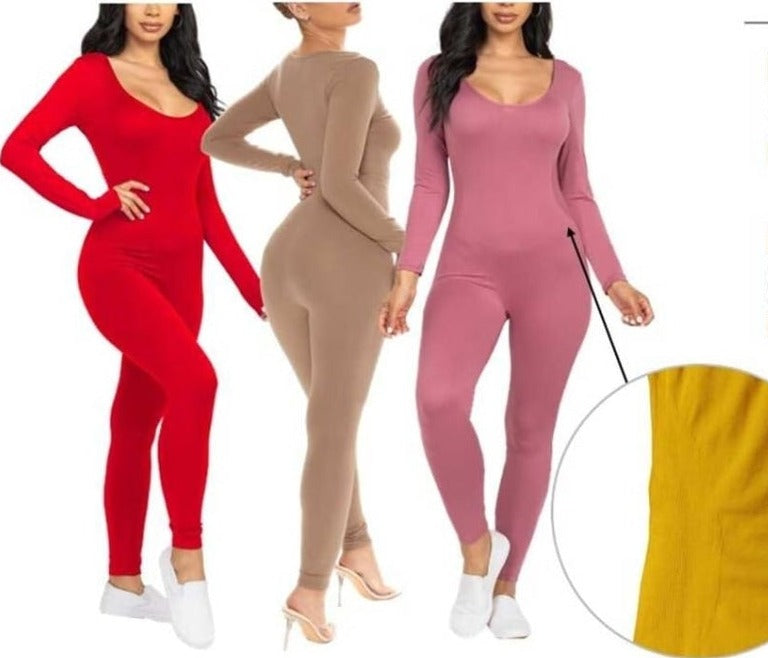 THE LUXE NK GLAM SUPER STRETCHY SEAMLESS LONG SLEEVE U-NECK BODY JUMPSUIT-JSUIT