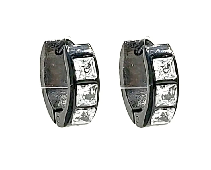 THE LUXE NK GLAM FLY GIRL BLACK STAINLESS STEEL HOOP EARRINGS WITH CLEAR STONES -