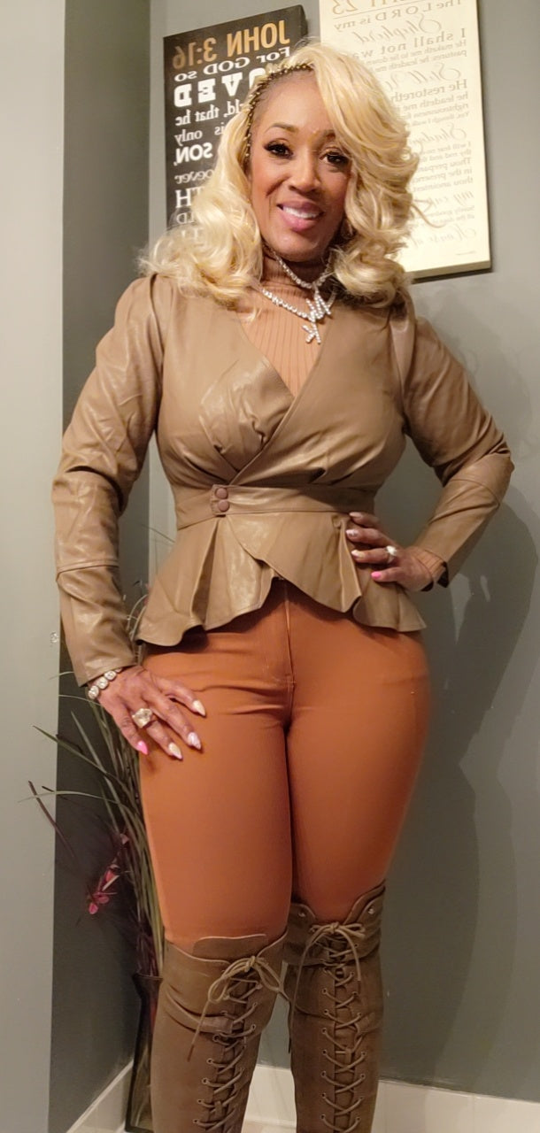 THE LUXE NK GLAM FLY GIRL LEATHER TAUPE PEPLUM JACKET - NKLPJ100