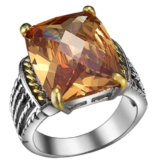 THE LUXE NK GLAM GIRL LUXURY JEWELRY COLLECTION - SILVER/GOLD BIG STONE AMBER/TOPAZ RING -725BR