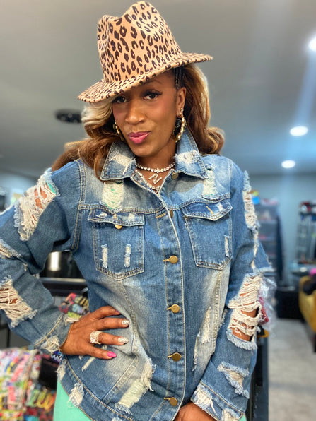 THE LUXE CLASSIC WAKE PRAY SLAY  DISTRESS DENIM JACKET-XL/1X-NK109