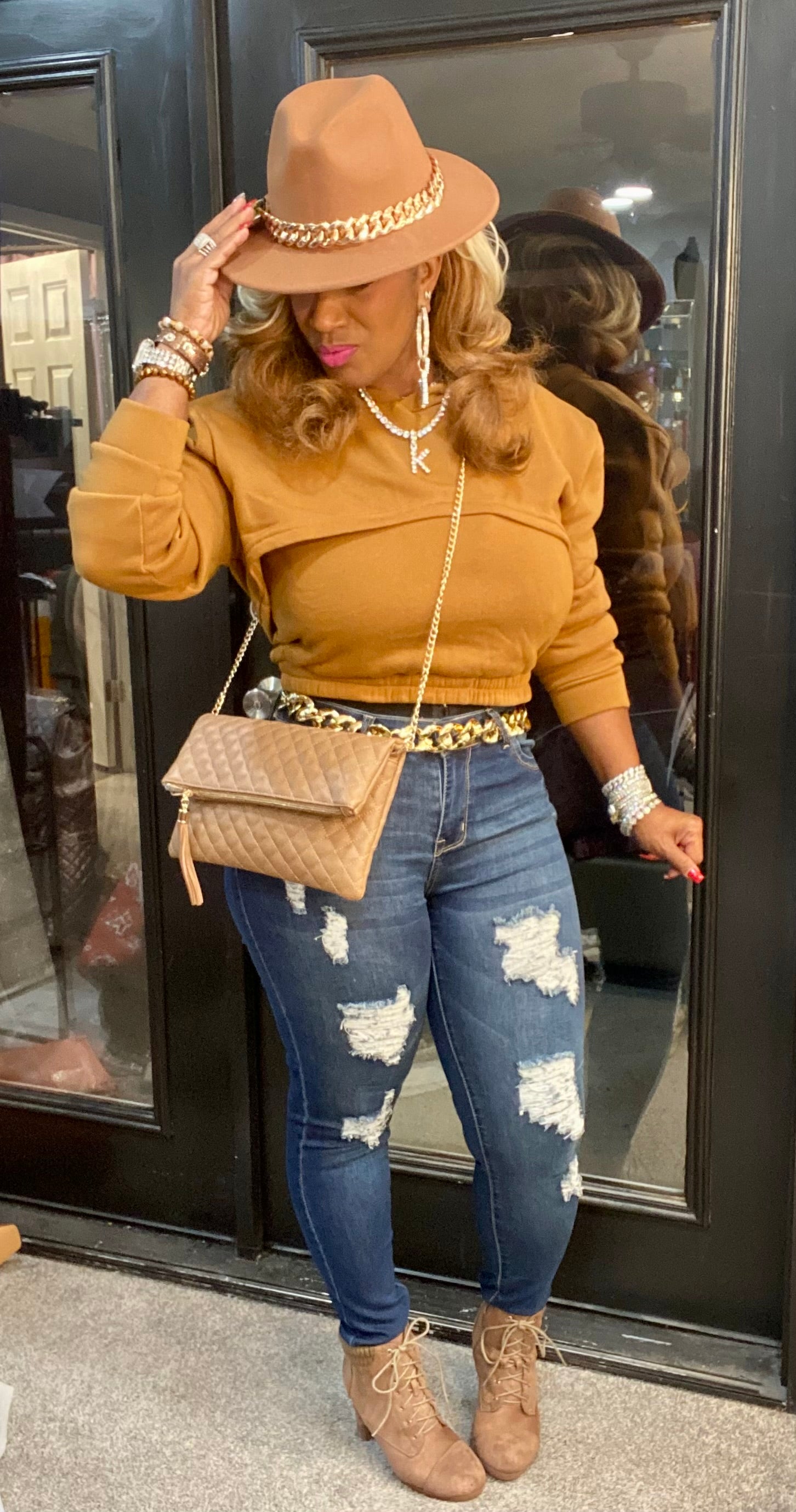 THE LUXE NK GLAM DISTRESS JEANS & HOODIE SET - NK247