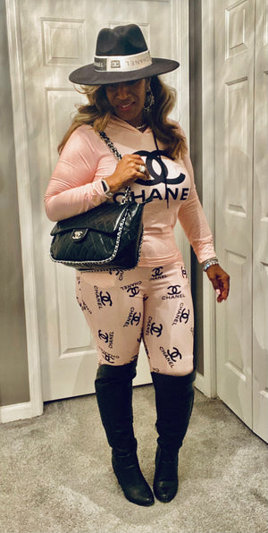 THE LUXE NK GLAM 2 Piece PINK & BLK HOODIE CHANEL SET - NK401