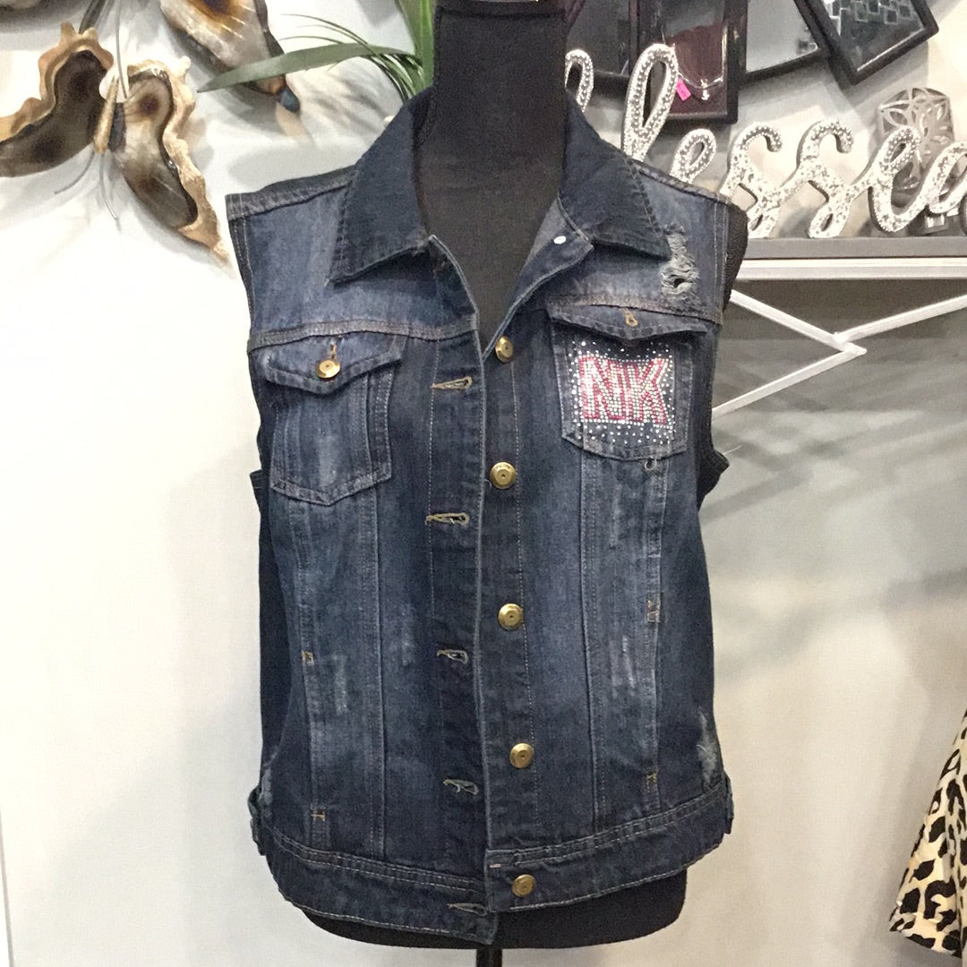 THE LUXE NK GLAM DARK BLUE JEAN SLEEVELESS JACKET-NK75