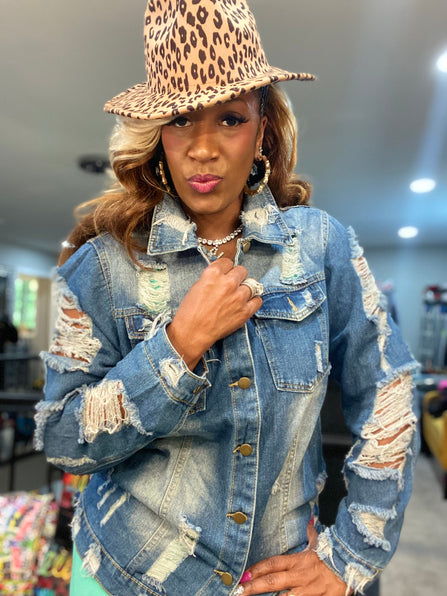 THE LUXE CLASSIC WAKE PRAY SLAY  DISTRESS DENIM JACKET-XL/1X-NK109