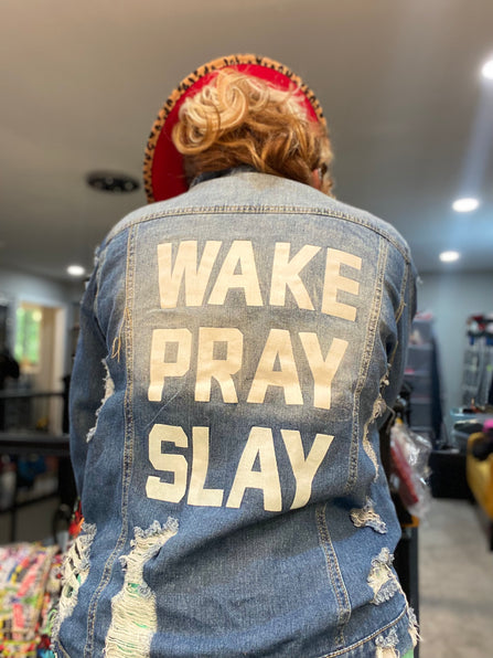 THE LUXE CLASSIC WAKE PRAY SLAY  DISTRESS DENIM JACKET-XL/1X-NK109