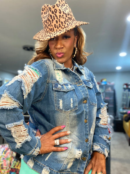 THE LUXE CLASSIC WAKE PRAY SLAY  DISTRESS DENIM JACKET-XL/1X-NK109